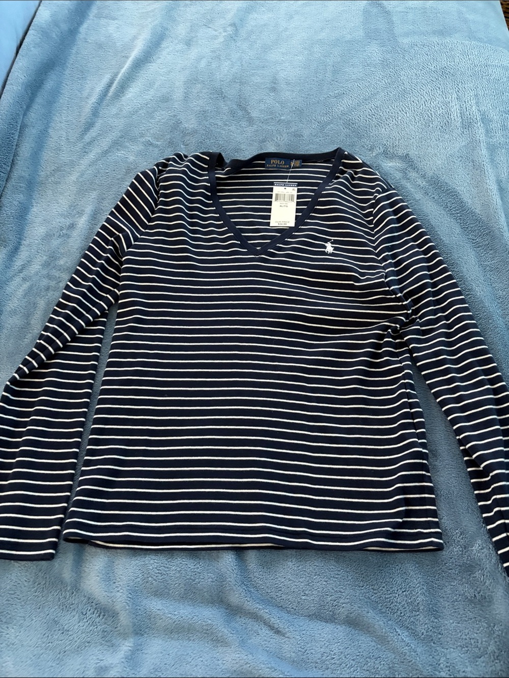 Ralph Lauren Navy and White Striped V-Neck Shirt - Picture 4 of 6